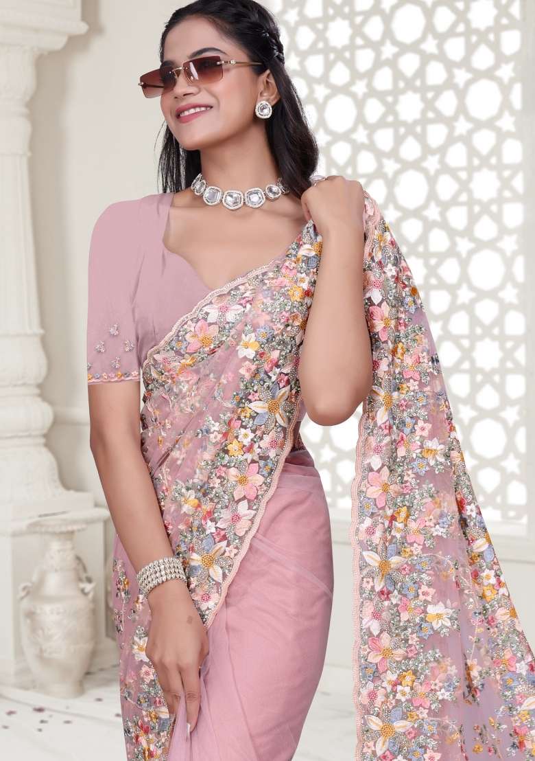 Pink Embroidered Net Saree Set - Indya