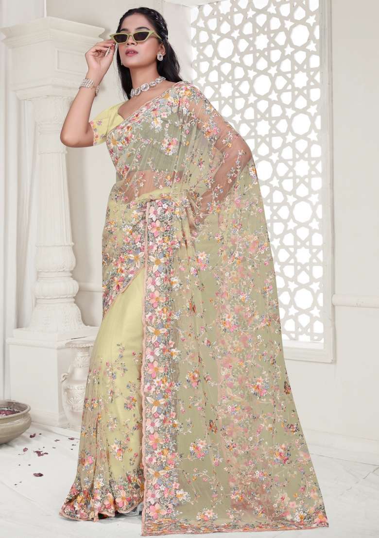 Lemon Yellow Embroidered Net Saree Set - Indya