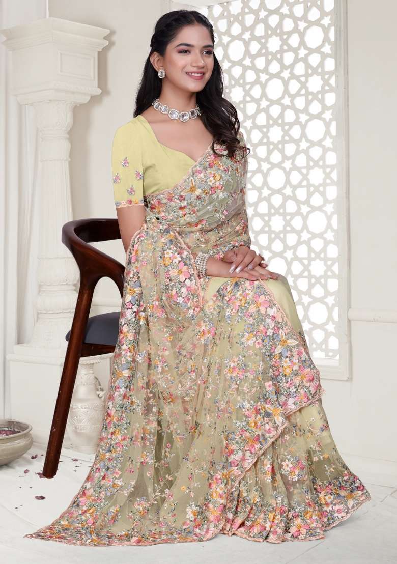 Lemon Yellow Embroidered Net Saree Set - Indya