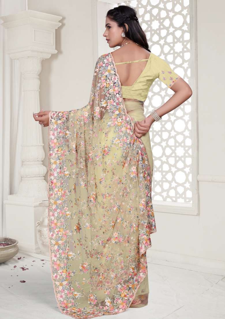 Lemon Yellow Embroidered Net Saree Set - Indya