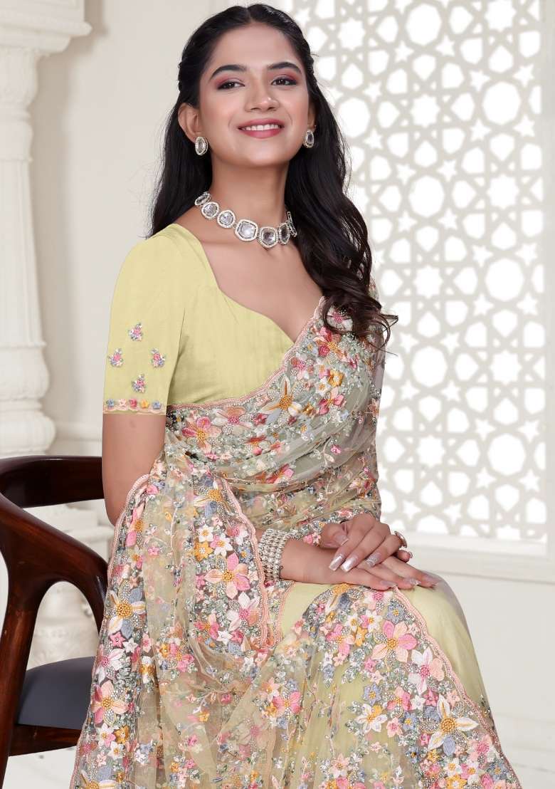Lemon Yellow Embroidered Net Saree Set - Indya