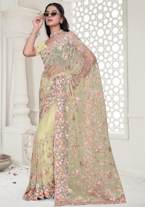 Lemon Yellow Embroidered Net Saree Set