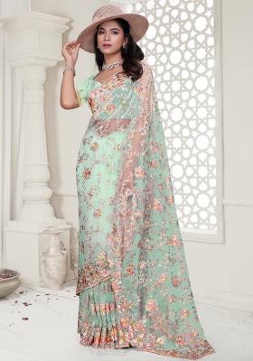 Sea Green Embroidered Net Saree Set