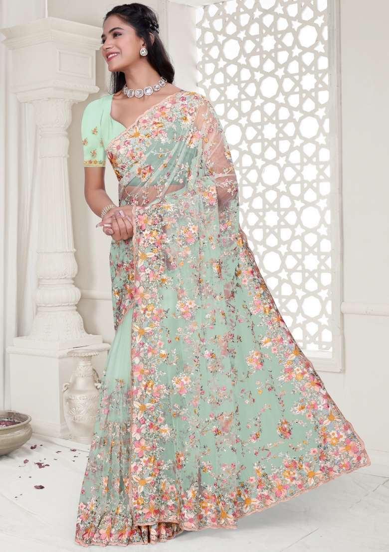Sea Green Embroidered Net Saree Set - Indya