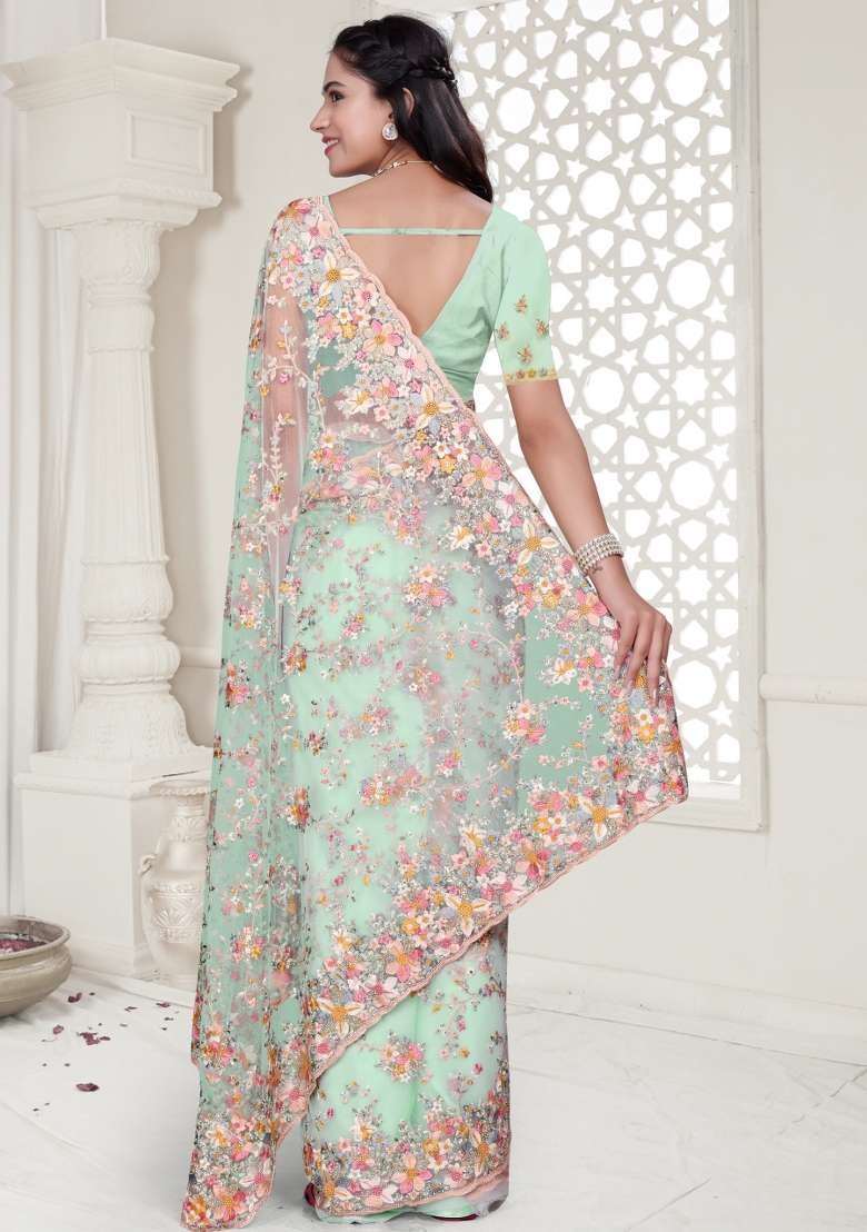 Sea Green Embroidered Net Saree Set - Indya