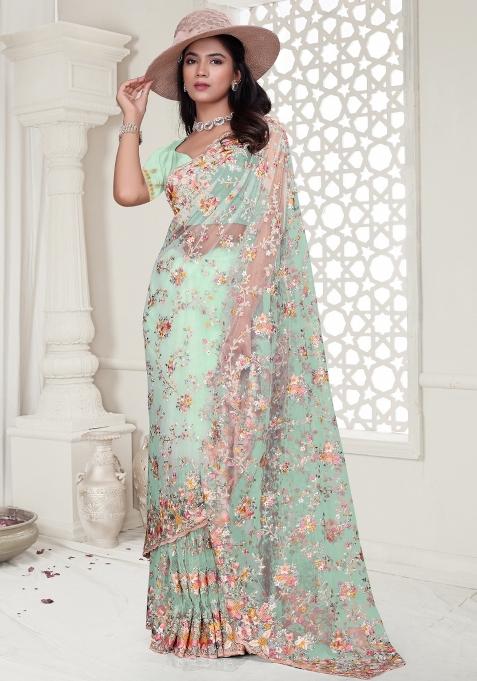 Sea Green Embroidered Net Saree Set