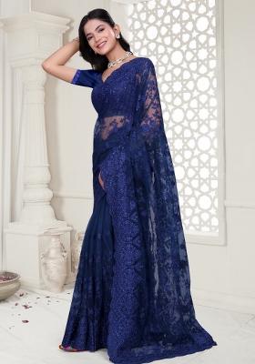 Navy Blue Embroidered Net Saree Set