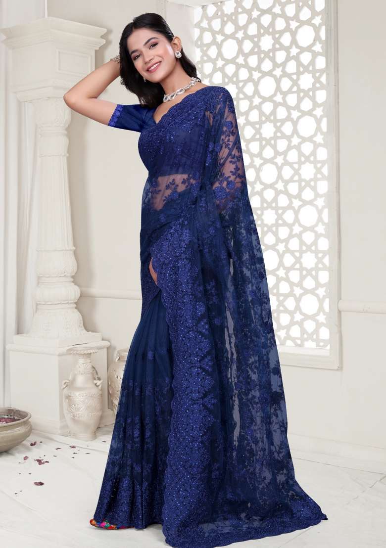 Navy Blue Embroidered Net Saree Set - Indya