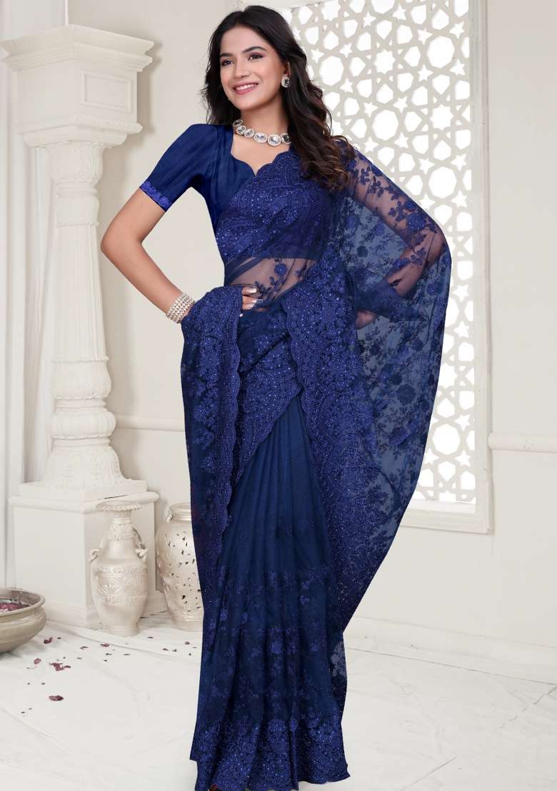Navy Blue Embroidered Net Saree Set - Indya