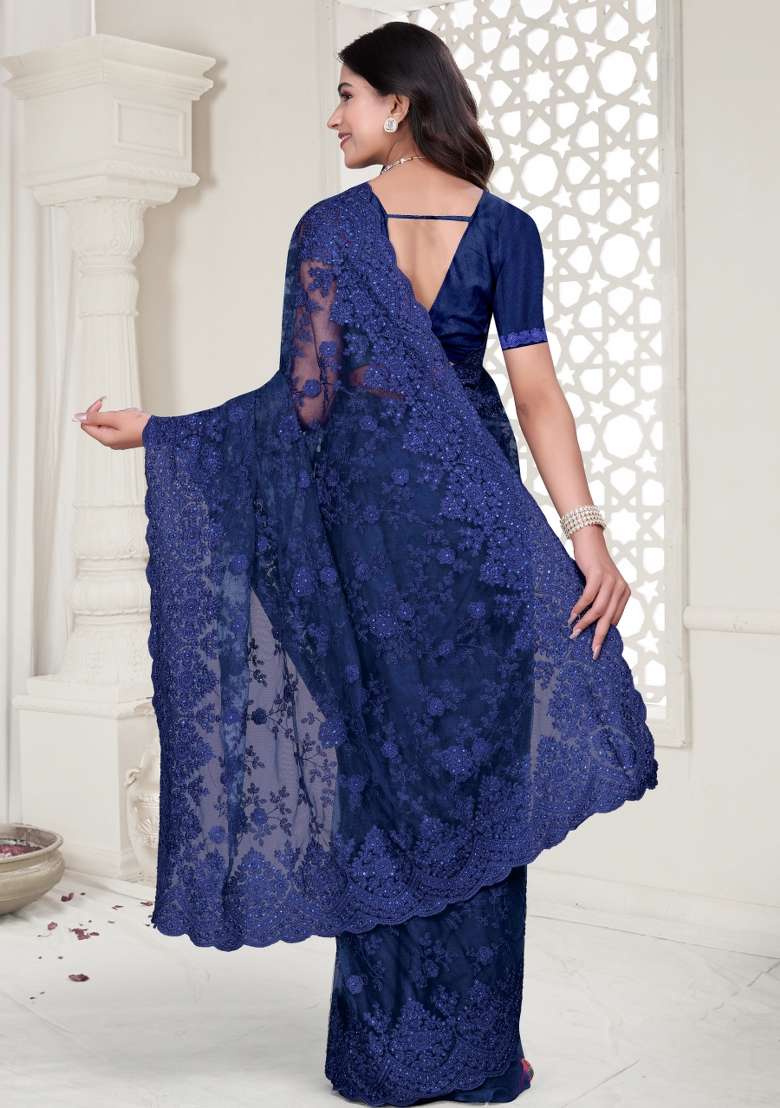 Navy Blue Embroidered Net Saree Set - Indya