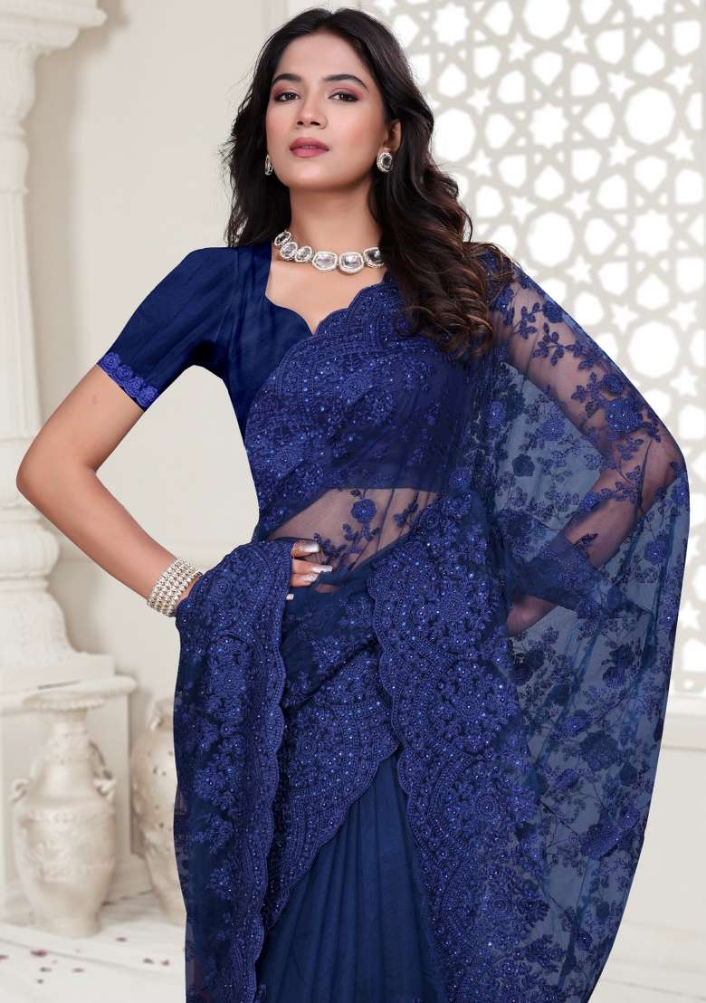 Navy Blue Embroidered Net Saree Set - Indya