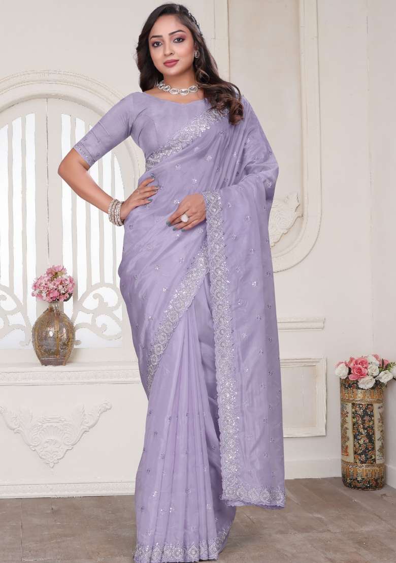 Lavender Embroidered Silk Blend Saree Set for Diwali and Festive Wear - Indya