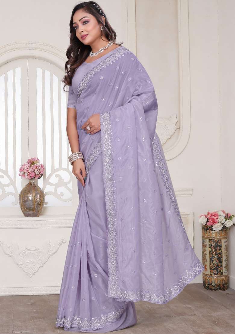 Lavender Embroidered Silk Blend Saree Set for Diwali and Festive Wear - Indya