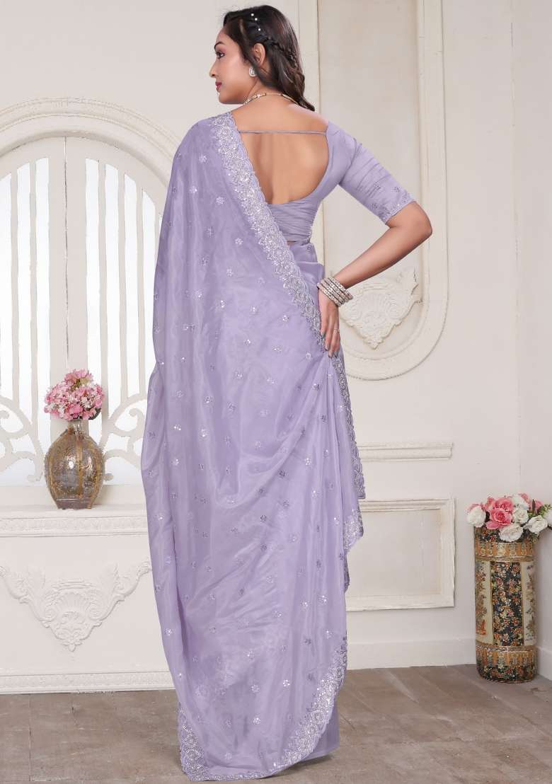 Lavender Embroidered Silk Blend Saree Set for Diwali and Festive Wear - Indya