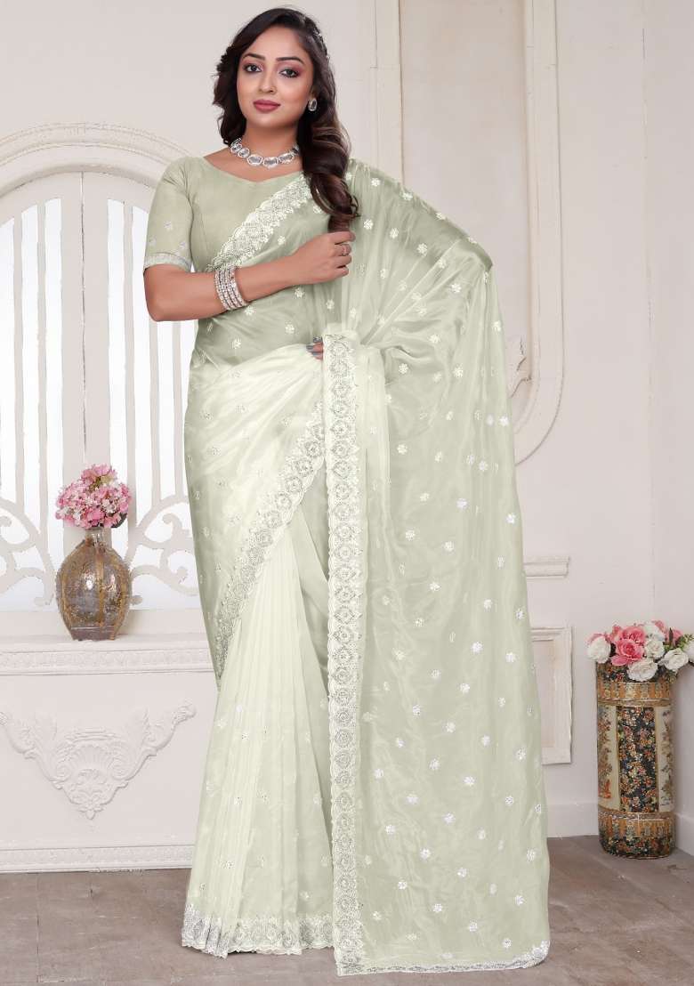 Cream Embroidered Silk Blend Saree Set for Diwali and Festive Wear - Indya