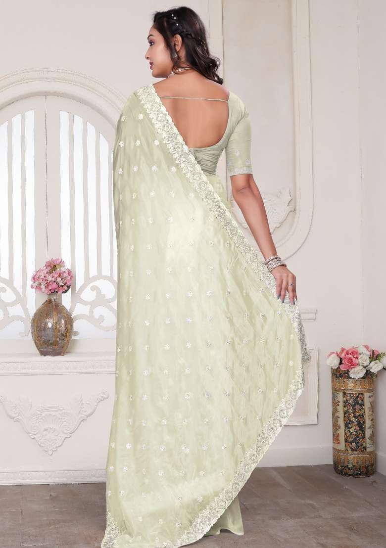 Cream Embroidered Silk Blend Saree Set for Diwali and Festive Wear - Indya