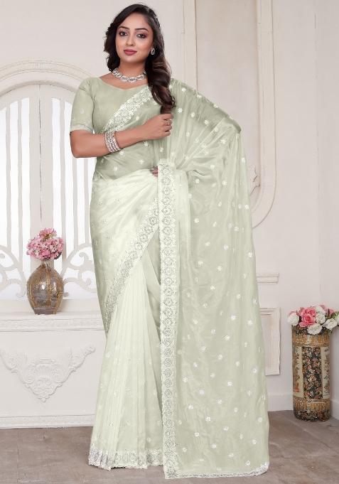 Cream Embroidered Silk Saree Set