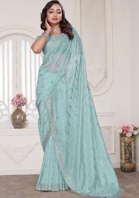 Sky Blue Embroidered Silk Saree Set