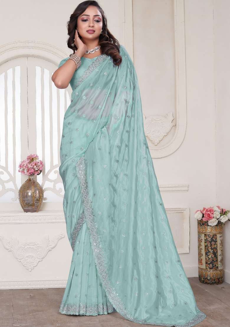 Sky Blue Silk Blend Saree Set with Embroidered for Diwali | Wedding & Festive Wear - Indya