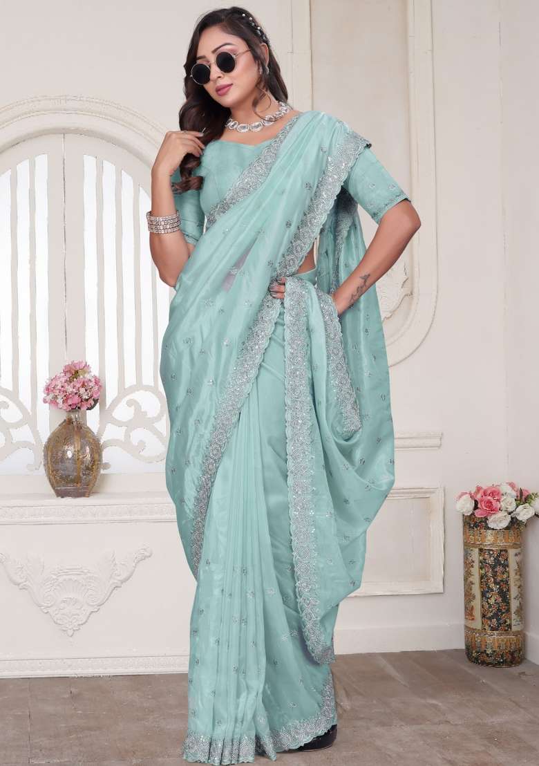 Sky Blue Silk Blend Saree Set with Embroidered for Diwali | Wedding & Festive Wear - Indya