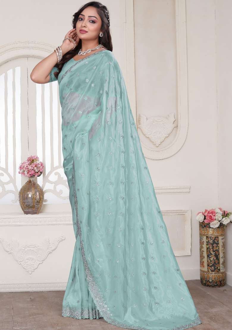 Sky Blue Silk Blend Saree Set with Embroidered for Diwali | Wedding & Festive Wear - Indya