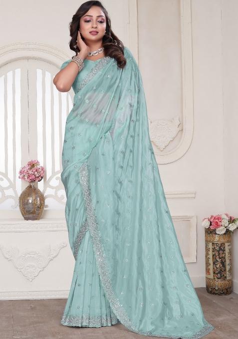 Sky Blue Embroidered Silk Saree Set