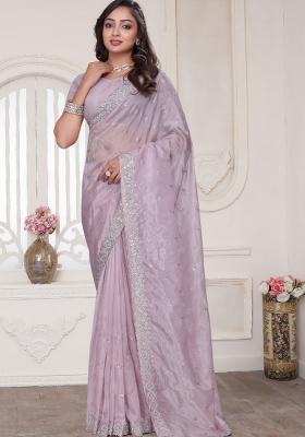 Dusty Pink Embroidered Silk Blend Saree Set