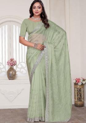 Pista Embroidered Silk Saree Set