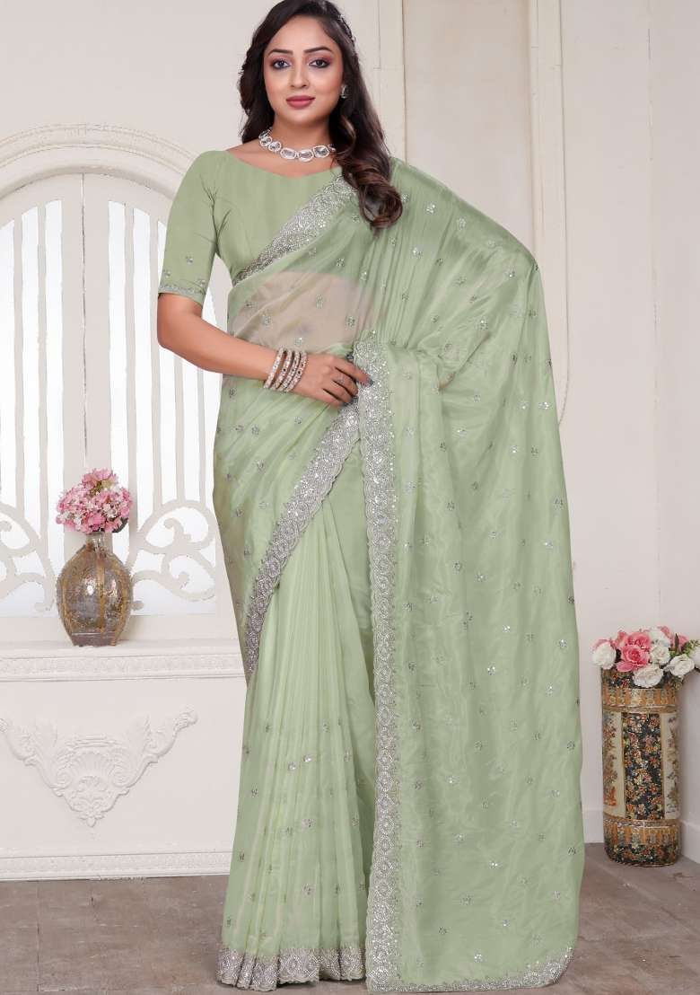 Pista Embroidered Silk Blend Saree Set for Diwali and Festive Wear - Indya