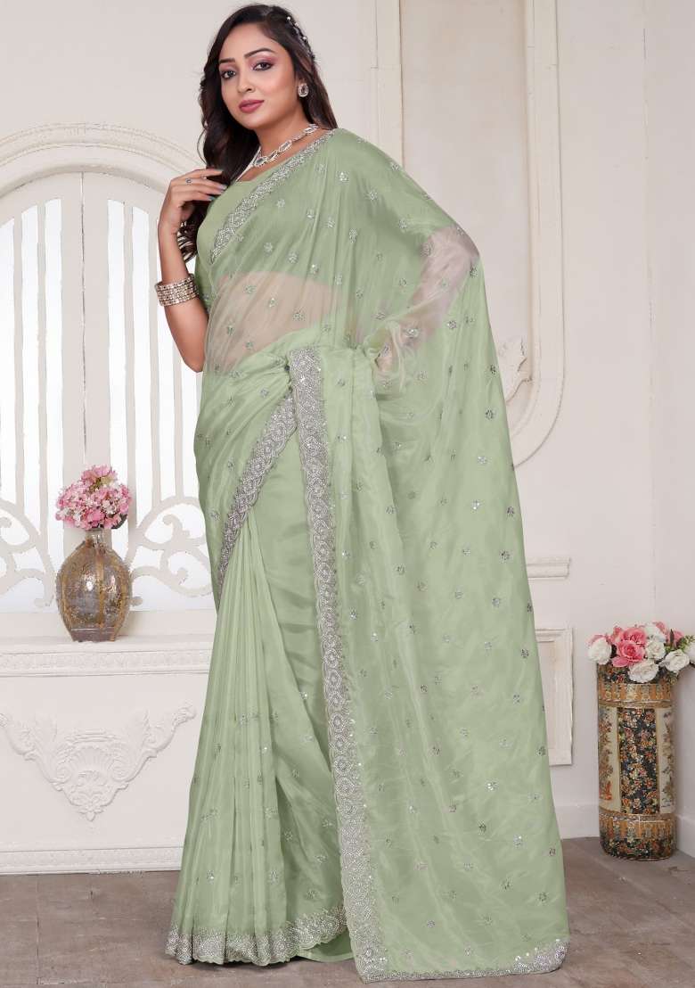 Pista Embroidered Silk Blend Saree Set for Diwali and Festive Wear - Indya