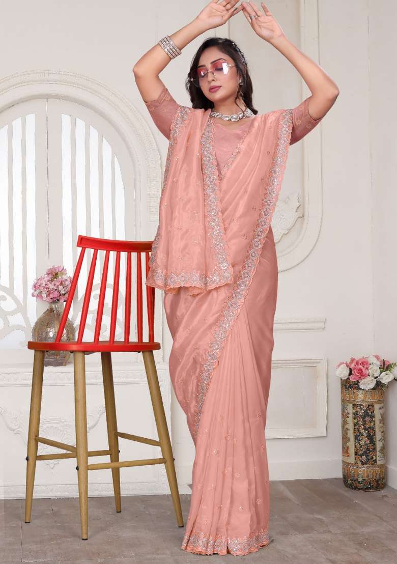 Peach Embroidered Silk Blend Saree Set for Diwali and Festive Wear - Indya