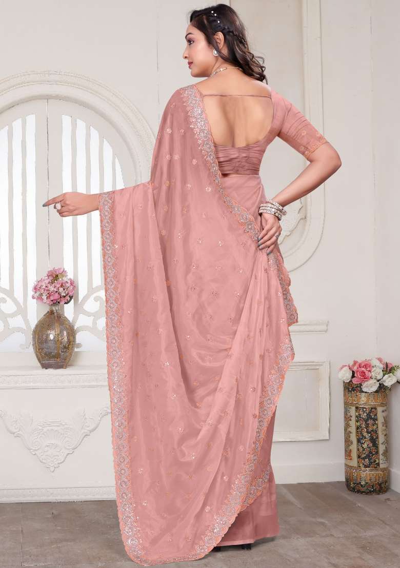Peach Embroidered Silk Blend Saree Set for Diwali and Festive Wear - Indya