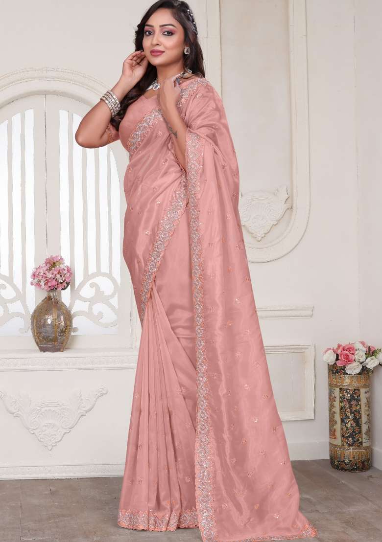 Peach Embroidered Silk Blend Saree Set for Diwali and Festive Wear - Indya