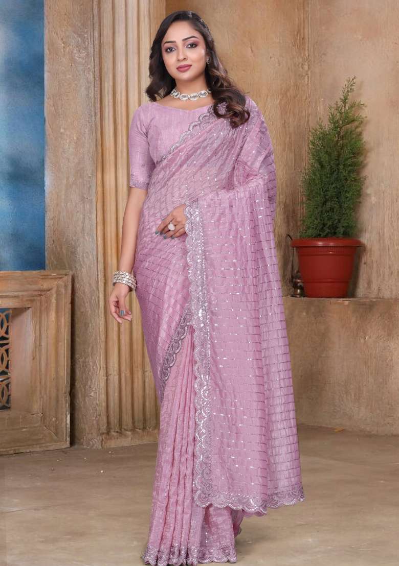 Peach Embroidered Tissue Saree Set for Diwali and Festive Wear - Indya