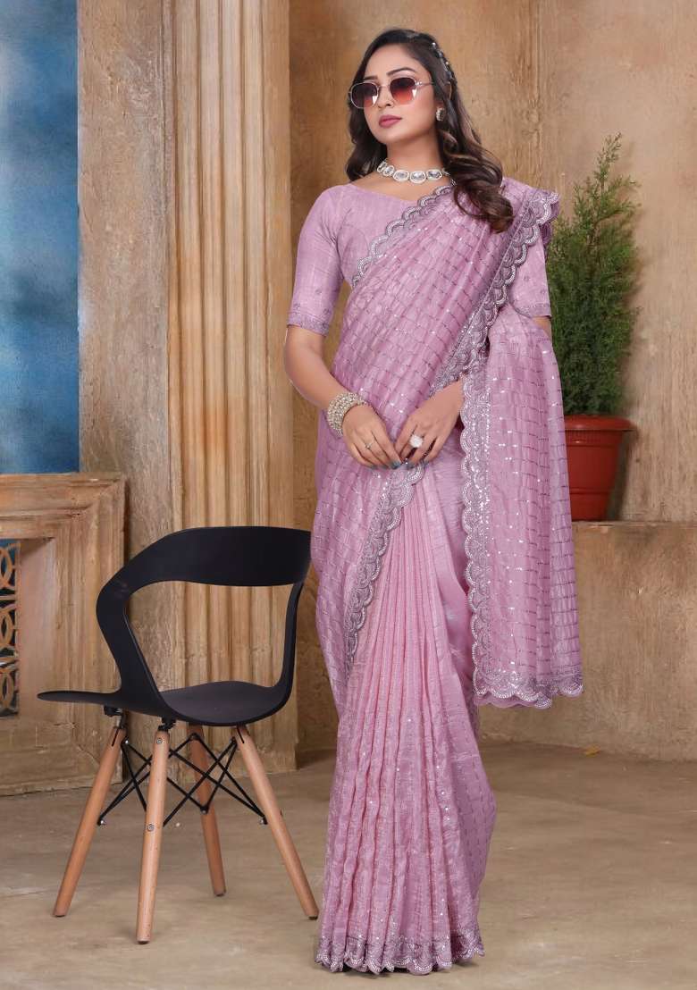 Peach Embroidered Tissue Saree Set for Diwali and Festive Wear - Indya