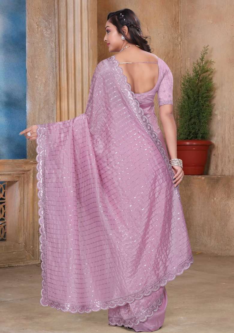 Peach Embroidered Tissue Saree Set for Diwali and Festive Wear - Indya