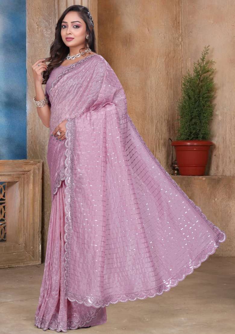Peach Embroidered Tissue Saree Set for Diwali and Festive Wear - Indya