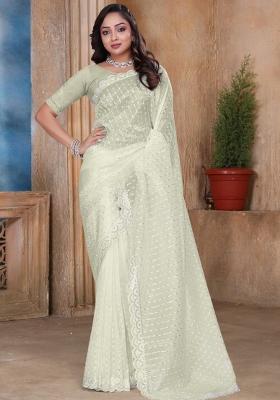 Cream Embroidered Tissue Saree Set