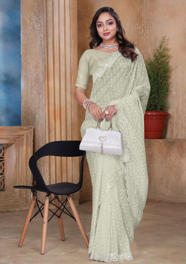 Cream Tissue Saree Set with Embroidered for Diwali | Wedding & Festive Wear - Indya