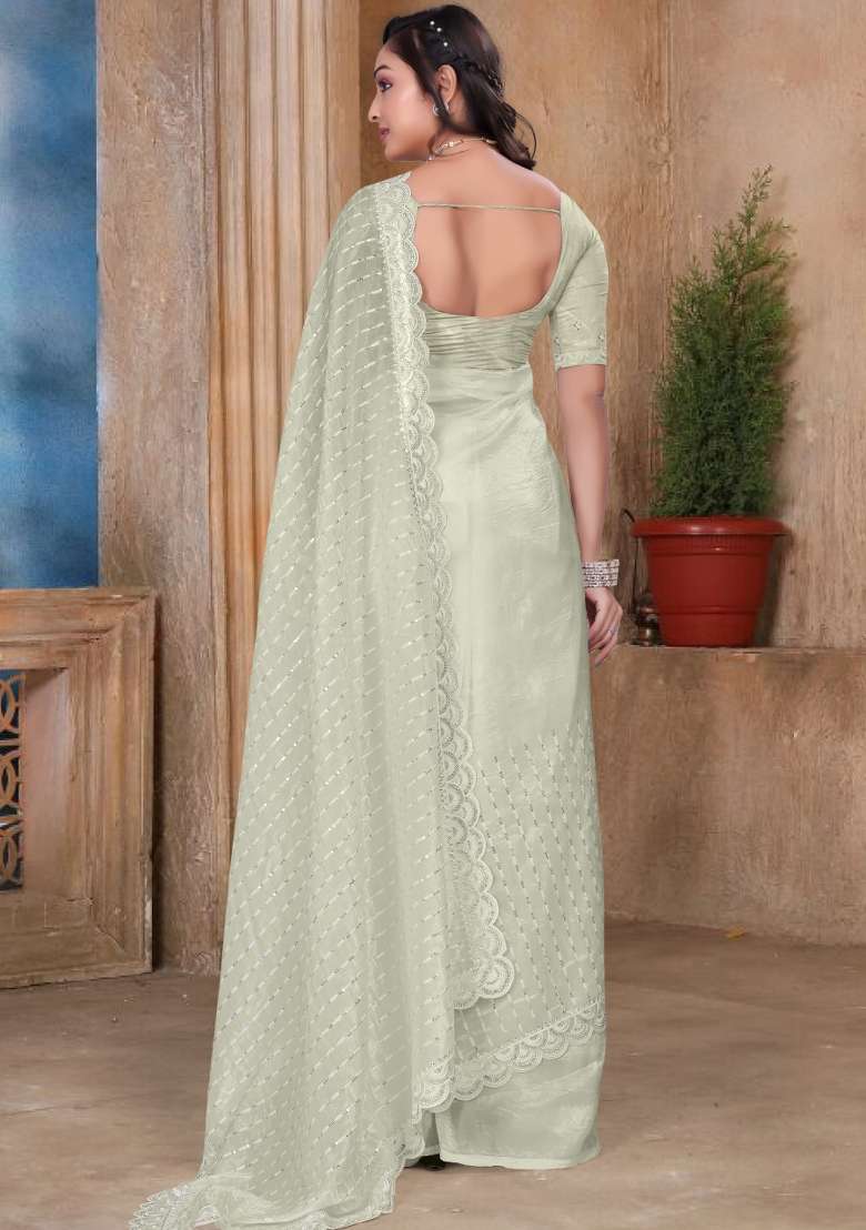 Cream Tissue Saree Set with Embroidered for Diwali | Wedding & Festive Wear - Indya