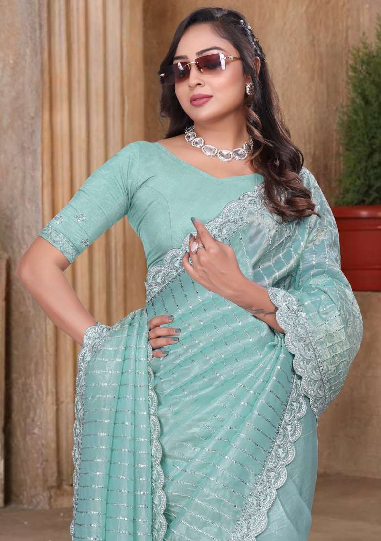 Sky Blue Embroidered Tissue Saree Set for Diwali and Festive Wear - Indya