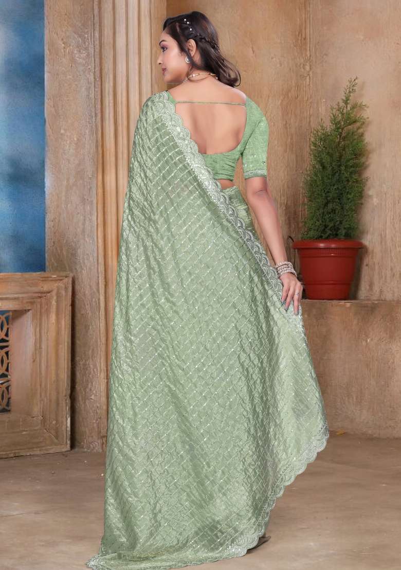 Pista Embroidered Tissue Saree Set for Diwali and Festive Wear - Indya