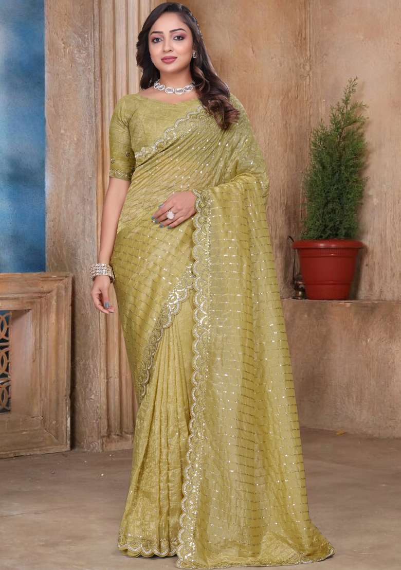 Mustard Yellow Embroidered Tissue Saree Set for Diwali and Festive Wear - Indya