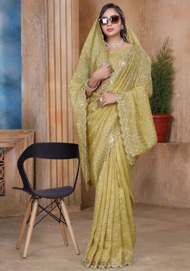 Mustard Yellow Embroidered Tissue Saree Set for Diwali and Festive Wear - Indya