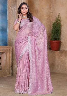 Pink Embroidered Tissue Saree Set