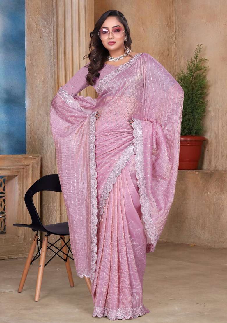 Pink Embroidered Tissue Saree Set for Diwali and Festive Wear - Indya