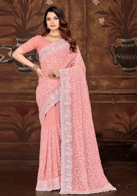 Pink Embroidered Georgette Saree Set