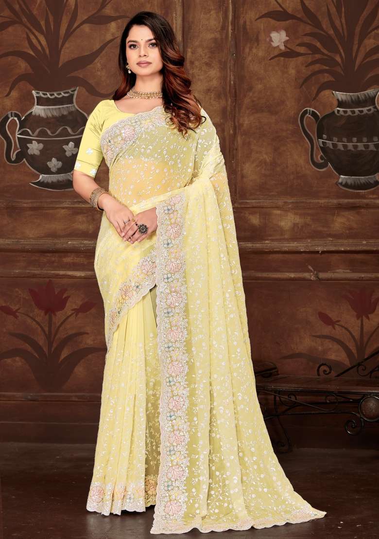 Lemon Yellow Embroidered Georgette Saree Set - Indya