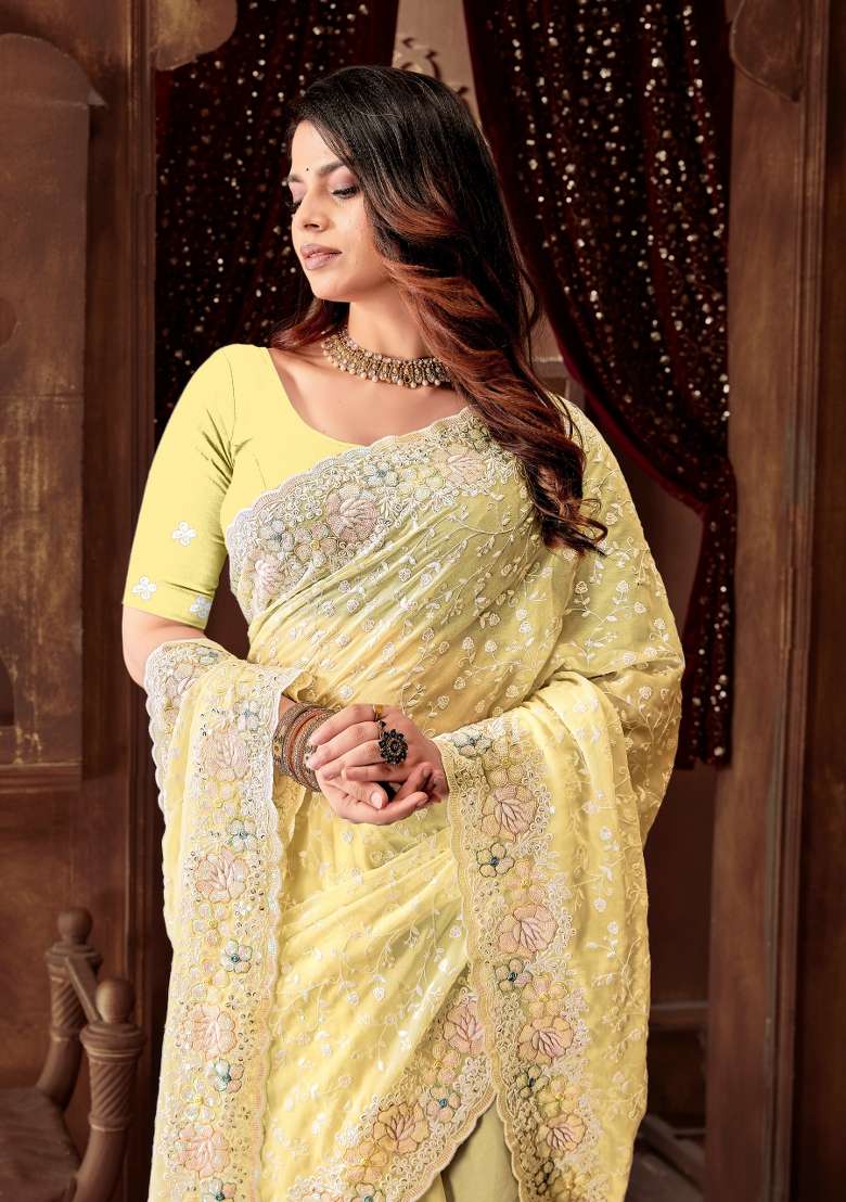 Lemon Yellow Embroidered Georgette Saree Set - Indya
