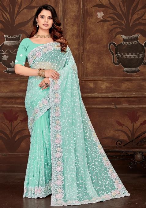 Sky Blue Embroidered Georgette Saree Set
